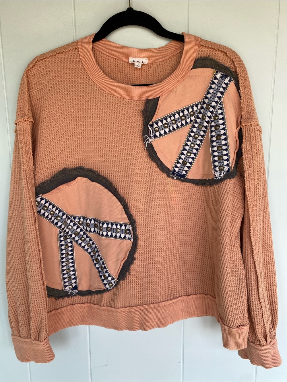 POL Peach Waffle-Knit Sweatshirt with Navy Patch Trim